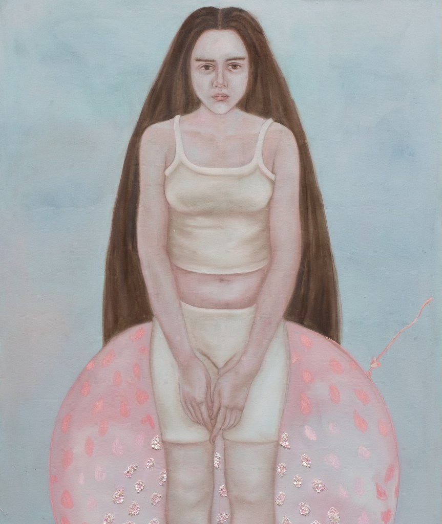Lucia Guadalupe Guillén, Il Palloncino 2026, oil on canvas and mixed media. cm120x100